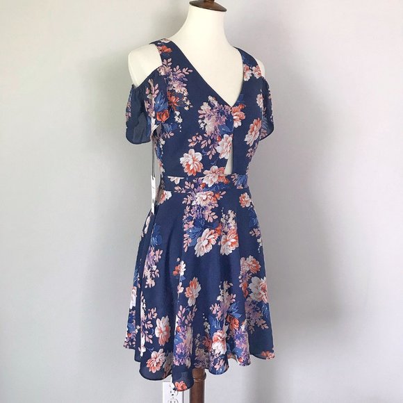 Ali & Jay Los Angeles Anthro Blue Floral Cutout Cold Shoulder Chiffon Mini Dress - Picture 13 of 16